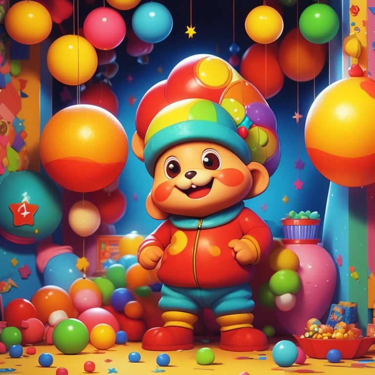 (masterpiece:1.1), (top quality:1.1), Cheburashka, from a Soviet cartoon, big ears, colorful balls in the background, candies. mischievous, looks ahead.