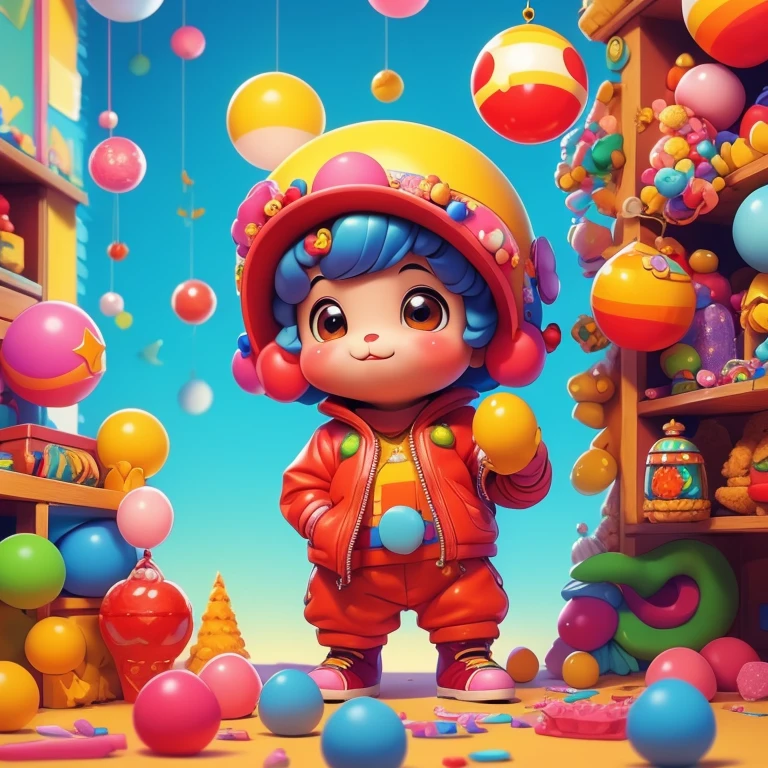 (masterpiece:1.1), (top quality:1.1), Cheburashka, from a Soviet cartoon, big ears, colorful balls in the background, candies. mischievous, looks ahead.