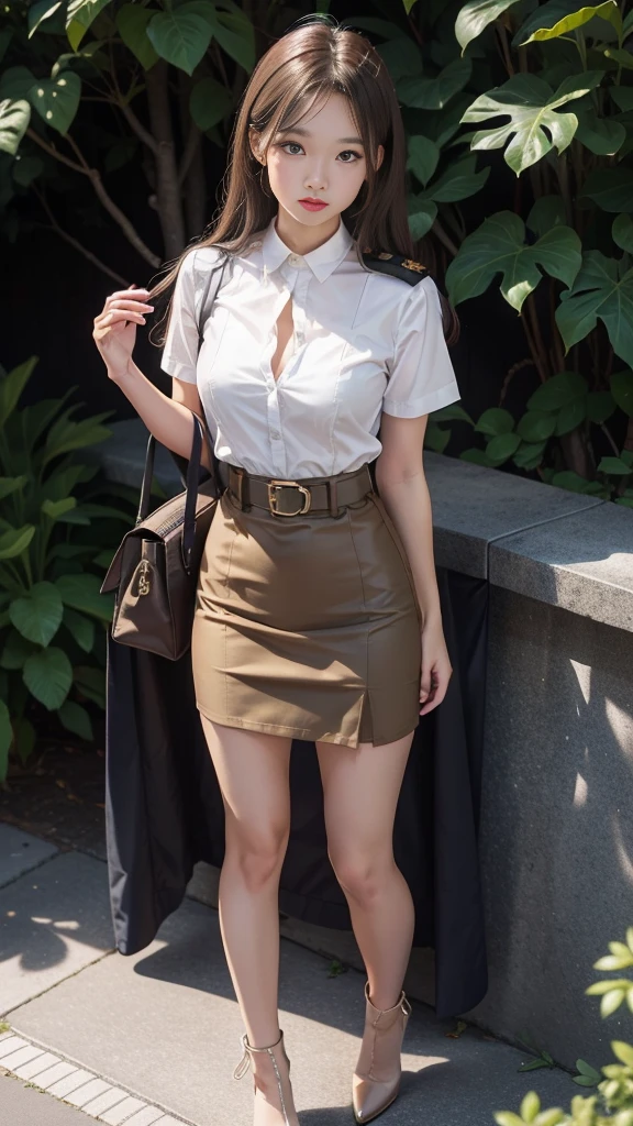 Khaki suit, government officialสีกากี, golden belt buckle, Dark khaki belt, Beautiful girl with extra long hair, Two meter long hair, Dynamic posts, like full body, The whole outfit is dark khaki..., Dark khaki short sleeve shirt, Dark khaki short pencil skirt., Decorated with military insignia., golden inthanon, government official, black high heels, sexy, small waist, Huge breasts, Huge bust:1.5, rift, Beautiful face, red lips, Very shiny, แต่งBeautiful face, Military rank insignia, dark khaki short skirt, tight short skirt, business man holding a bag, in the background, blurred garden.
