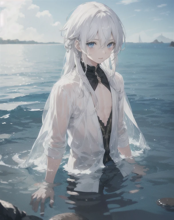 young boy,man,long hair,white hair,blue eyes,What do you play in the water?,be happy,realistic,4k,charming,very detailed,thin,