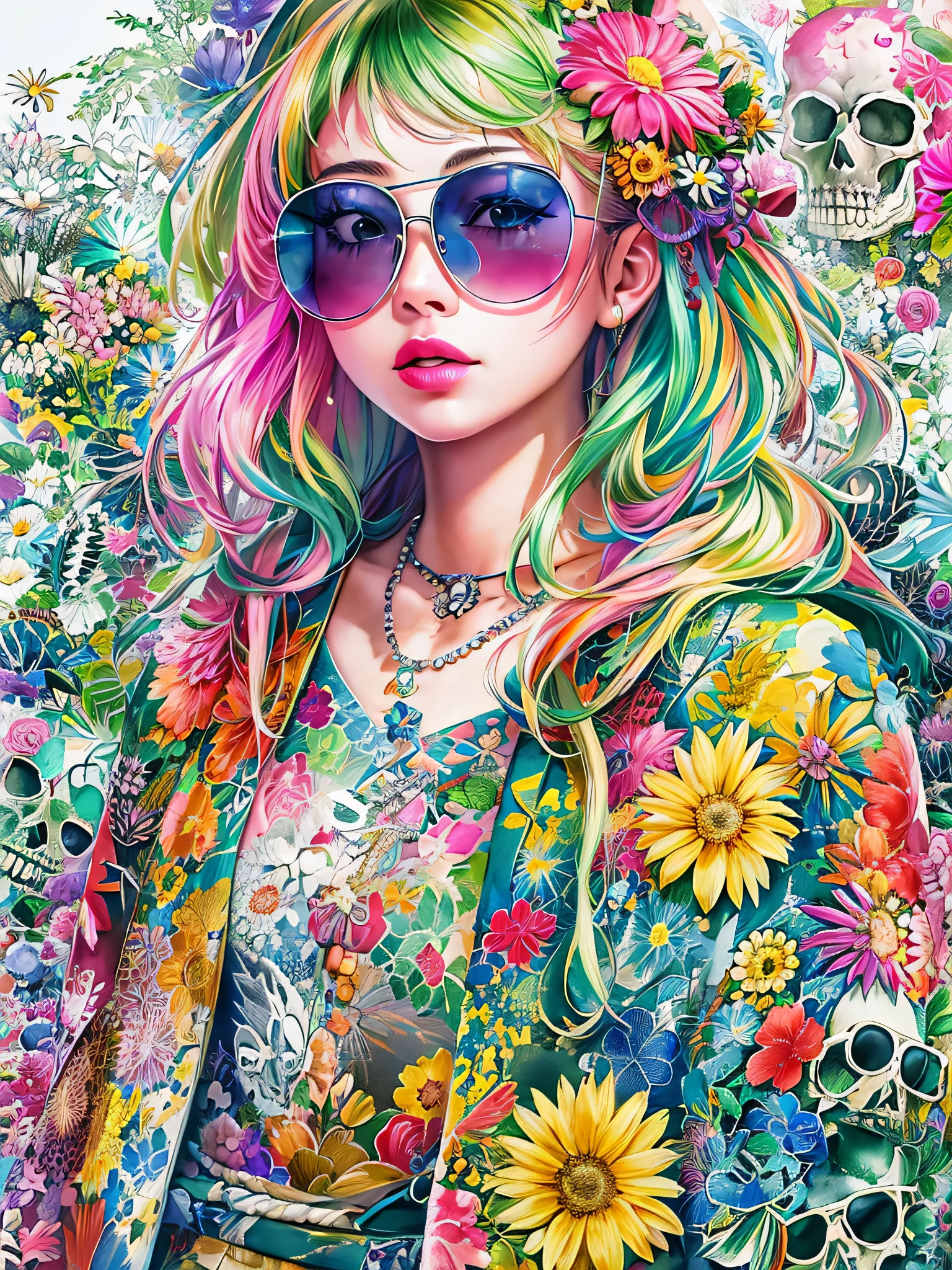 8K quality, watercolor painting, stylish design, (((The strongest beautiful girl of all time))), (((Japanese)))、Idol、clear, Stylish sunglasses, Fashionable hats, (((highest quality))), bob hair, HDR, ((Detailed details)), skull fashion, detailed clothing texture, (((graffiti art))), colorful hair, ((masterpiece))、((Super detailed))、(((colorful flowers)))