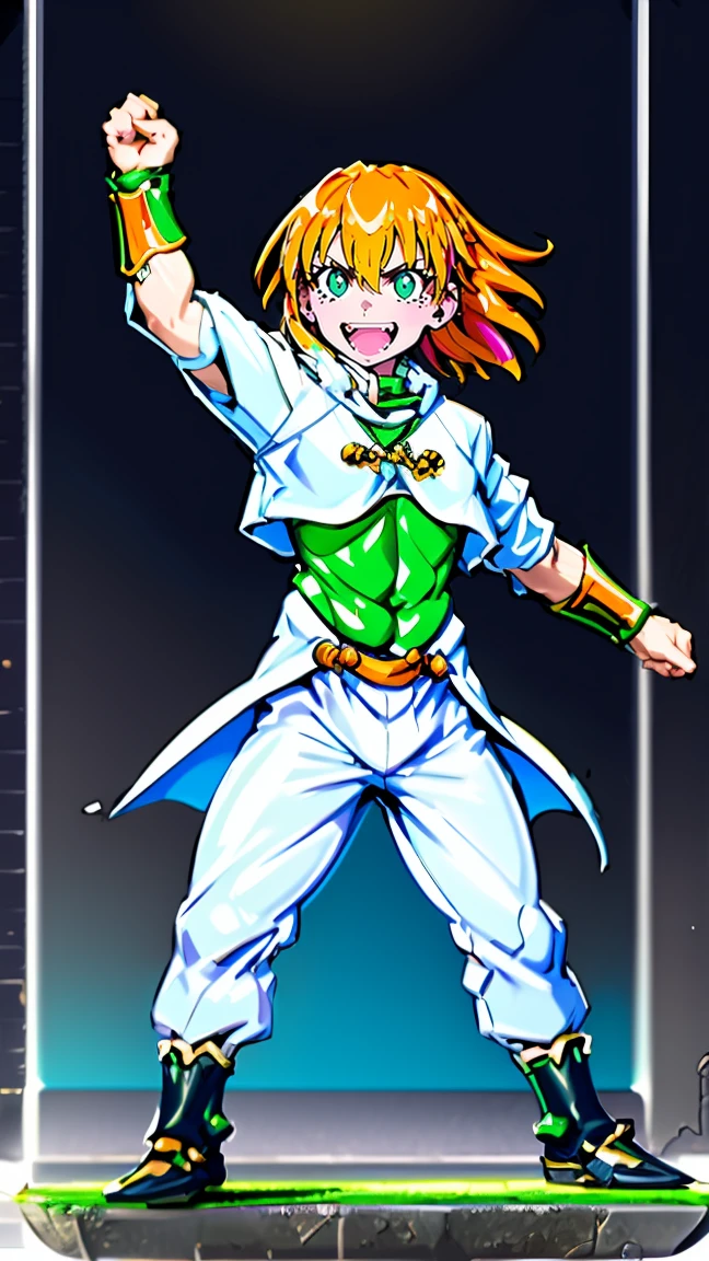 excel, orange hair, smile, fang, open mouth, green eyes,standing, medium breast, pants, pullover, , full body,knight pullover,, fantasy cyberpunk city magic, martial arts, martial pose, entire body, full body, posing, refsheet, full body,, pullover,