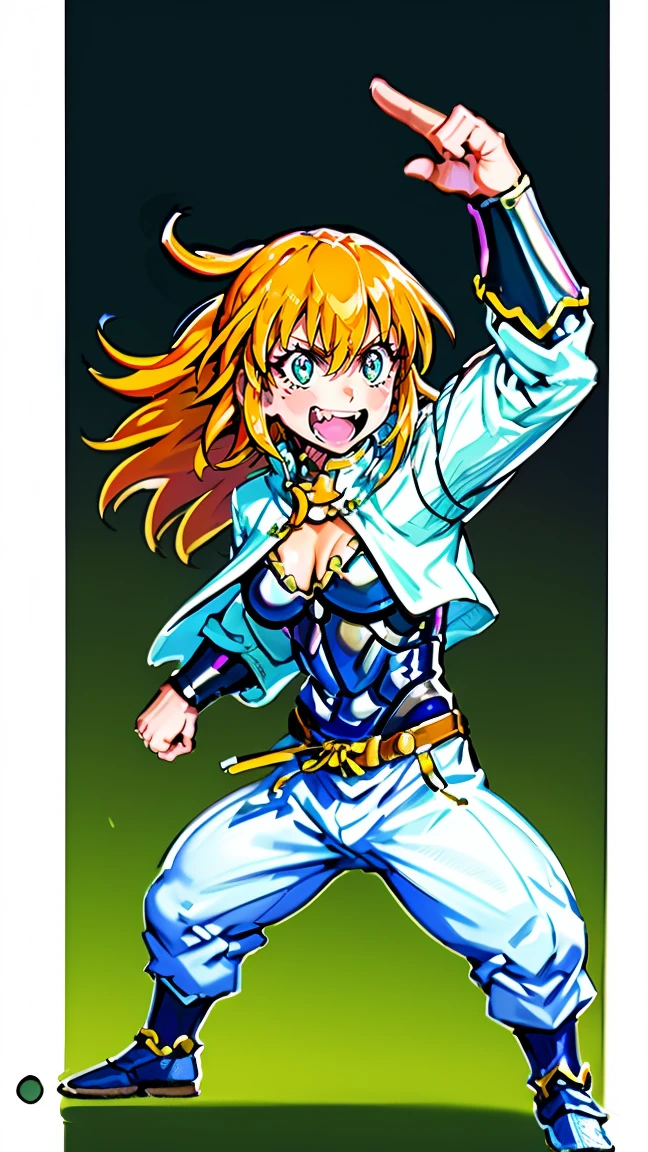 excel, orange hair, smile, fang, open mouth, green eyes,standing, medium breast, pants, pullover, , full body,knight pullover,, fantasy cyberpunk city magic, martial arts, martial pose, entire body, full body, posing, refsheet, full body,, pullover,