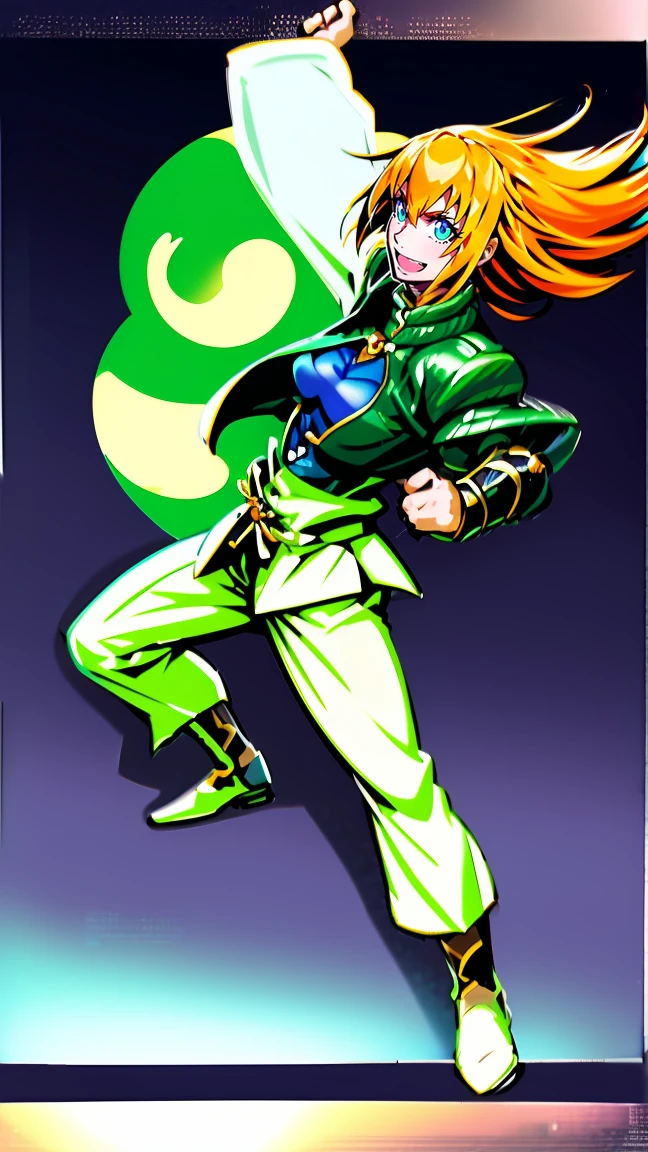 excel, orange hair, smile, fang, open mouth, green eyes,standing, medium breast, pants, pullover, , full body,knight pullover,, fantasy cyberpunk city magic, martial arts, martial pose, entire body, full body, posing, refsheet, full body,, pullover,