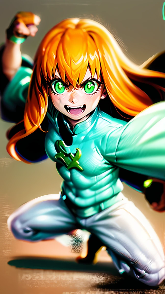 excel, orange hair, smile, fang, open mouth, green eyes,standing, medium breast, pants, pullover, , full body,knight pullover,, fantasy cyberpunk city magic, martial arts, martial pose, entire body, full body, posing, refsheet, full body,, pullover,