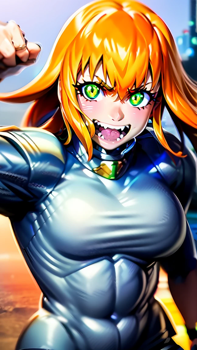 excel, orange hair, smile, fang, open mouth, green eyes,standing, medium breast, pants, pullover, , full body,knight pullover,, fantasy cyberpunk city magic, martial arts, martial pose, entire body, full body, posing, refsheet, full body,, pullover,