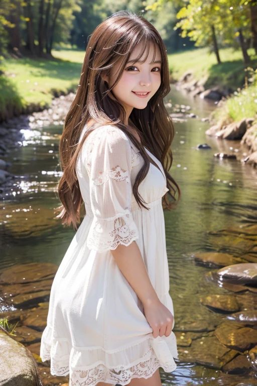  highest quality、Super detailed,、finely、High resolution、detailed and beautiful eyes、long hair、brunette hair、Standing in the creek、19 year old beauty、Full body photo、cute smile、face light、Spring-like dress
