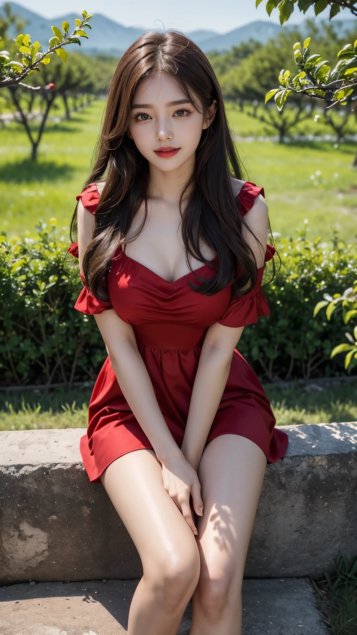 best quality, 4k, 8k, Detailed faces, clear face, pretty girls, Korean makeup, Red lips, laugh, perfect body, Perfect Young breasts, Beautiful knee length Red Frock, View of orchards, fruit trees, many Fruit trees in Orchards 