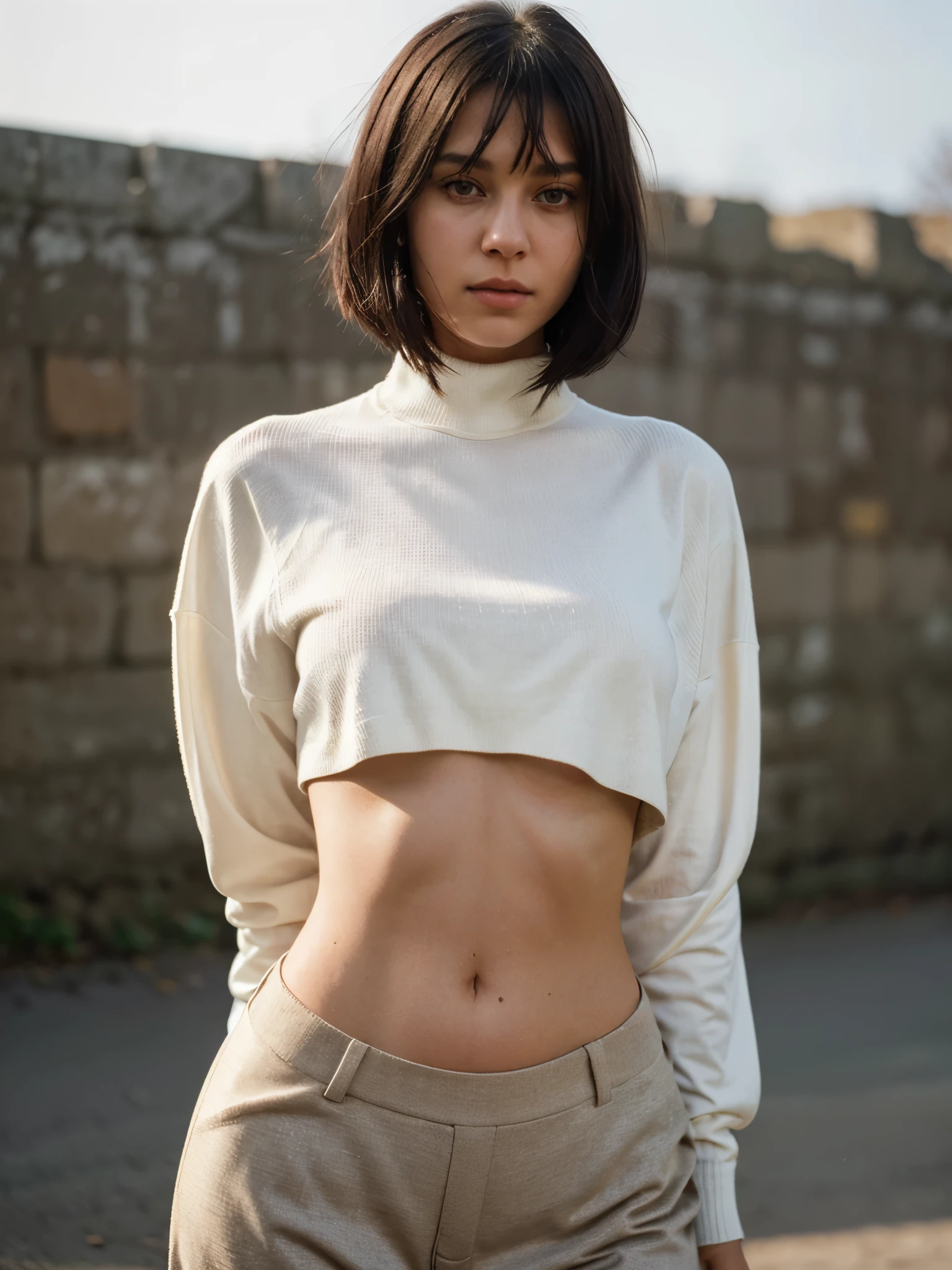 A stunning intricate full color portrait of (sks woman:1), wearing a white turtleneck t-shirt with cropped in the belly part, cropped turtleneck, layered with cardigan, dark plain background, epic character composition, by ilya kuvshinov, alessio albi, nina masic, sharp focus, natural lighting, subsurface scattering, f1.8, 35mm, film grain, black bob hair, black hair, sexy haircut 