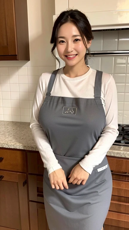 Japan&#39;s most beautiful mother、Too erotic mom、A body that accepts all sexual desires、standing in the kitchen、Gray long sleeve tight knit、wearing an apron、((big breasts 1.8))、32K quality、highest quality、turn around、say good morning with a smile、gentle smile、