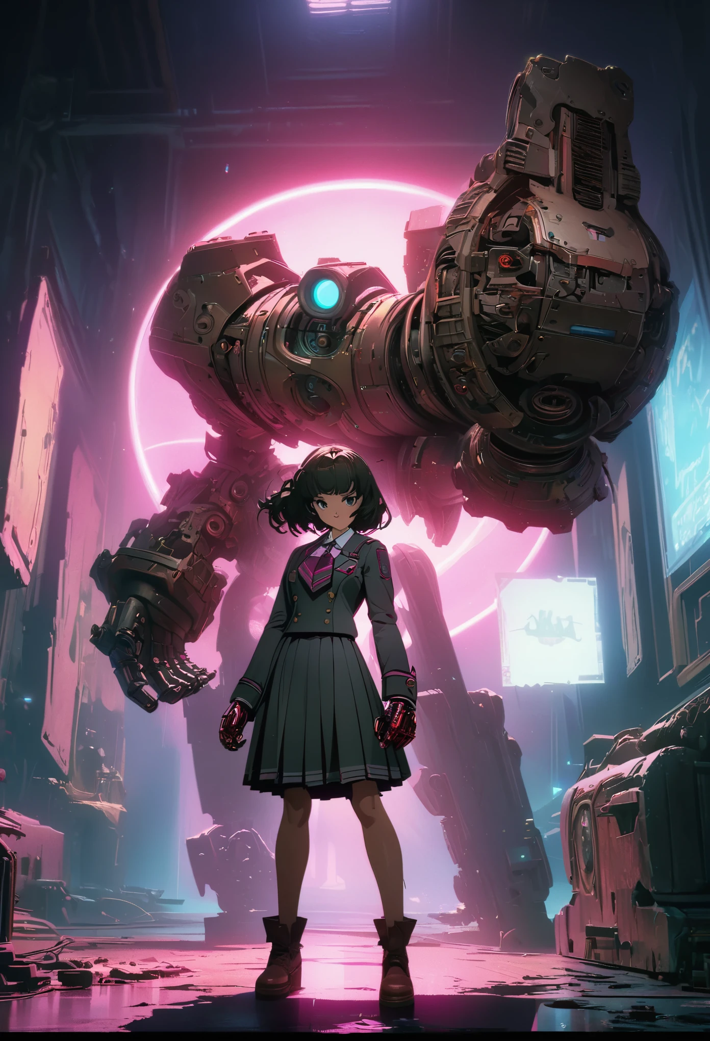 Steampunk style jk school uniform girl,Holding a huge mechanical hand cannon,There is a black blurry shadow standing behind me,Beautiful,celluloid style,Flat coating,HD,CG art,comics,8K,looking into camera,high quality,illustration,Vaporwave style,rim light,CG art,movie lighting,Super detailed,complex,OC renderer,cinematic perspective,high resolution,movie lighting,
