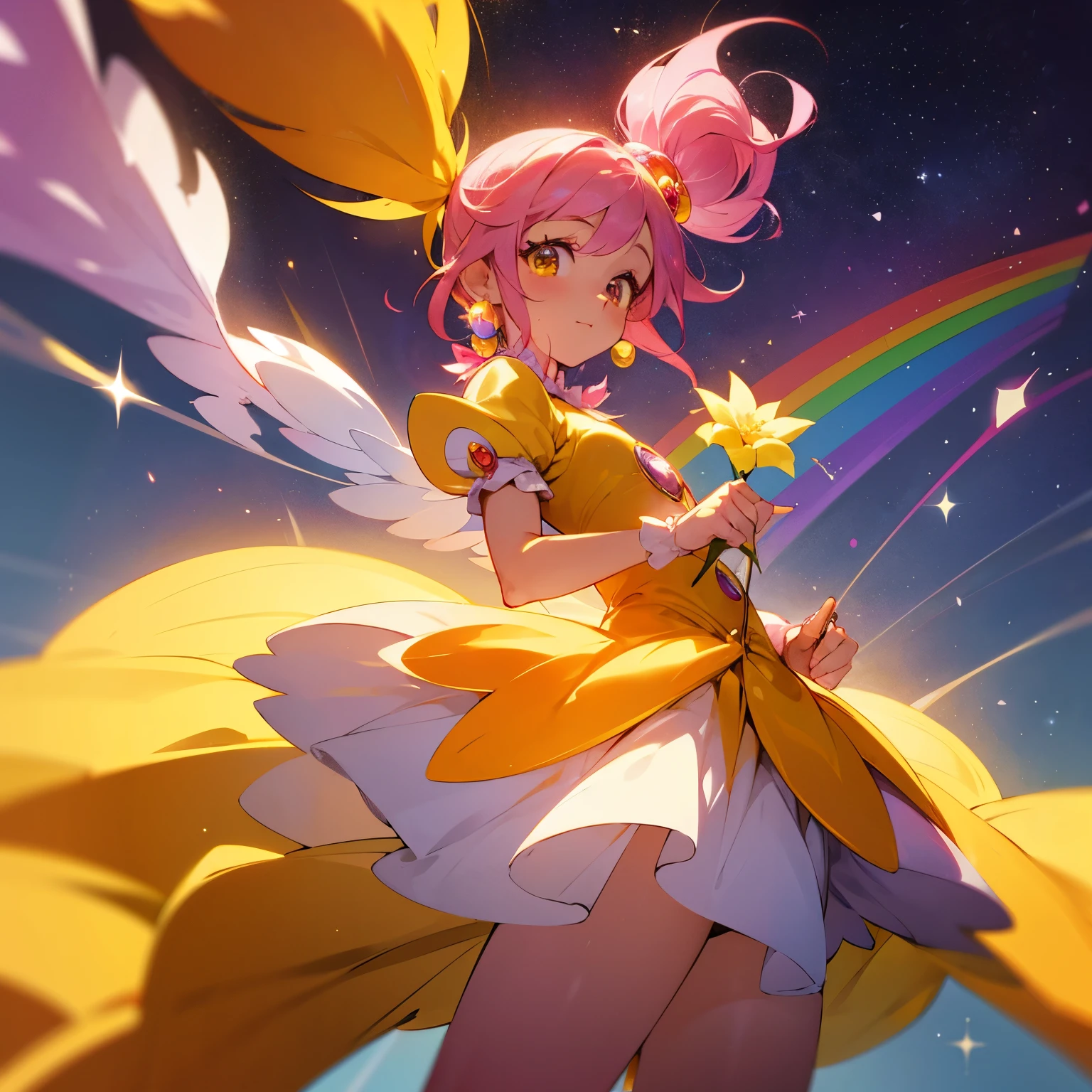 Close-up of a cartoon girl holding a flower in her hand, sparkling Magical girl, Orange and yellow costume, , Magical girl anime mahou shojo, style of Magical girl, Cute decora rainbow core, anime princess, y 2k cute core clown core, Magical girl, Sakura Kinomoto, official artwork