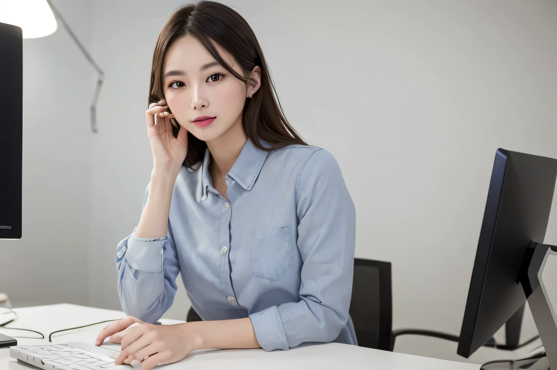 ((highest quality)), ((masterpiece)), (be familiar with), perfect face bright wide々It was Stylish office I am working on my PC while thinking at my desk. casual clothes