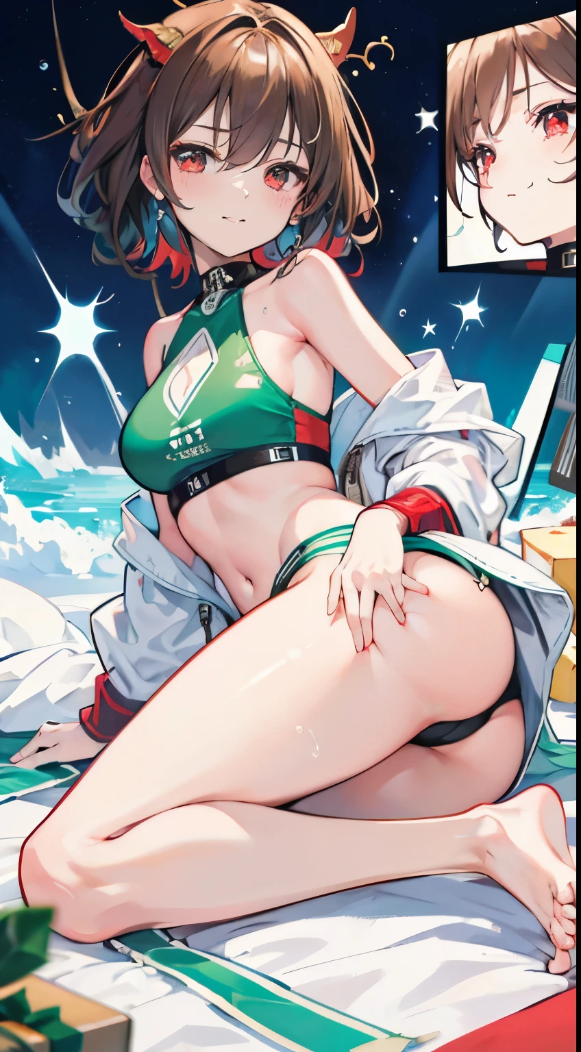 X-rated,undertale,chala,age girl,Red eyes,Smile,Sexy,green,Chest leakage,crop top,Short brown sea ice turns red,Underwear model,lust,Manual repair,detail, clothing,HD,Underwear and no rise,stick out your tongue,playful,like,hips close,Sweat,sitting,Great view of Asak,Rear view,Christmas,Gift,camel toe,secretion,liquid,like心