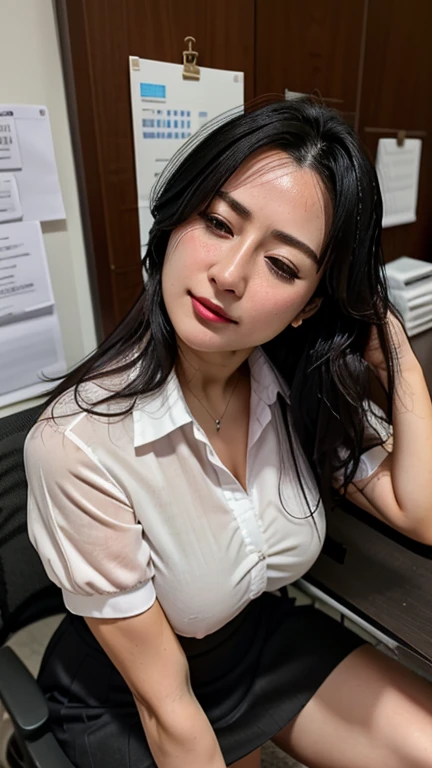  ((photograph))、本物のphotograph、((highest quality)),((High definition 8K )), ((highest quality))、Woman with eyes closed、48 years old、black hair,（(sweaty skin))((sweaty skin)),　big breasts、white blouse、Tight Skirt、inside the office、