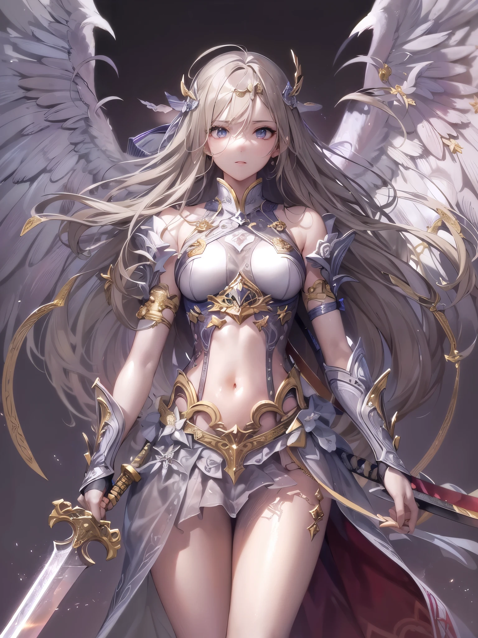 ((highest quality)),(ultra high resolution),(Super detailed),(detailed description),((best CG)),(best work of art),super precision art,amazing drawing art,(Art with precise details:1.5), (Female angels:1.8),(beautiful and well-shaped face:1.4),(Thin clothing that lets your skin show through:1.6),((holding a sword in one&#39;s chest:1.6)), 風に舞うvividな羽毛, Rainbow-colored, vivid,