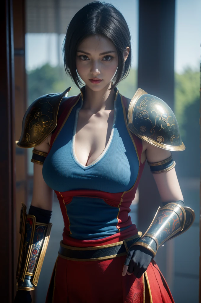 Masterpiece,Game art,The best picture quality,Highest resolution,8K,(Portrait:1.5),Unreal Engine 5 rendering works,(Digital Photography),
Girl,Beautiful pupil,(Gradual short hair is blue and red),Busty,(Big breasts),
(A female general in the ancient fantasy style),(Future combat dress combined with Chinese fantasy style clothing,Chinese style Han costume),Ribbon,Ancient magic patterns glow,Armor rich in detail,(Ancient fantasy),
Movie lights,Ray tracing,Game CG,((3D Unreal Engine)),OC rendering reflection pattern