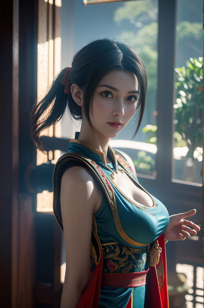 Masterpiece,Game art,The best picture quality,Highest resolution,8K,(Portrait:1.5),Unreal Engine 5 rendering works,(Digital Photography),
Girl,Beautiful pupil,(Gradual short hair is blue and red),Busty,(Big breasts),
(A female general in the ancient fantasy style),(Future combat dress combined with Chinese fantasy style clothing,Chinese style Han costume),Ribbon,Ancient magic patterns glow,Armor rich in detail,(Ancient fantasy),
Movie lights，Ray tracing，Game CG，((3D Unreal Engine))，OC rendering reflection pattern
