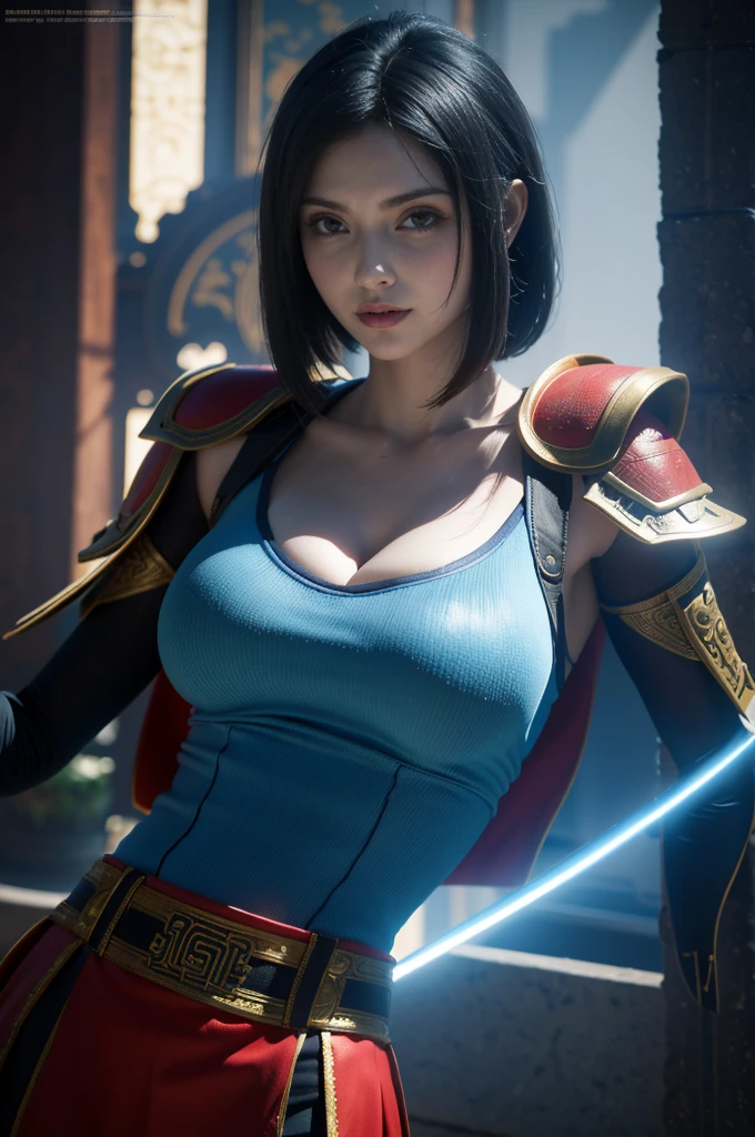 Masterpiece,Game art,The best picture quality,Highest resolution,8K,(Portrait:1.5),Unreal Engine 5 rendering works,(Digital Photography),
Girl,Beautiful pupil,(Gradual short hair is blue and red),Busty,(Big breasts),
(A female general in the ancient fantasy style),(Future combat dress combined with Chinese fantasy style clothing,Chinese style Han costume),Ribbon,Ancient magic patterns glow,Armor rich in detail,(Ancient fantasy),
Movie lights,Ray tracing,Game CG,((3D Unreal Engine)),OC rendering reflection pattern