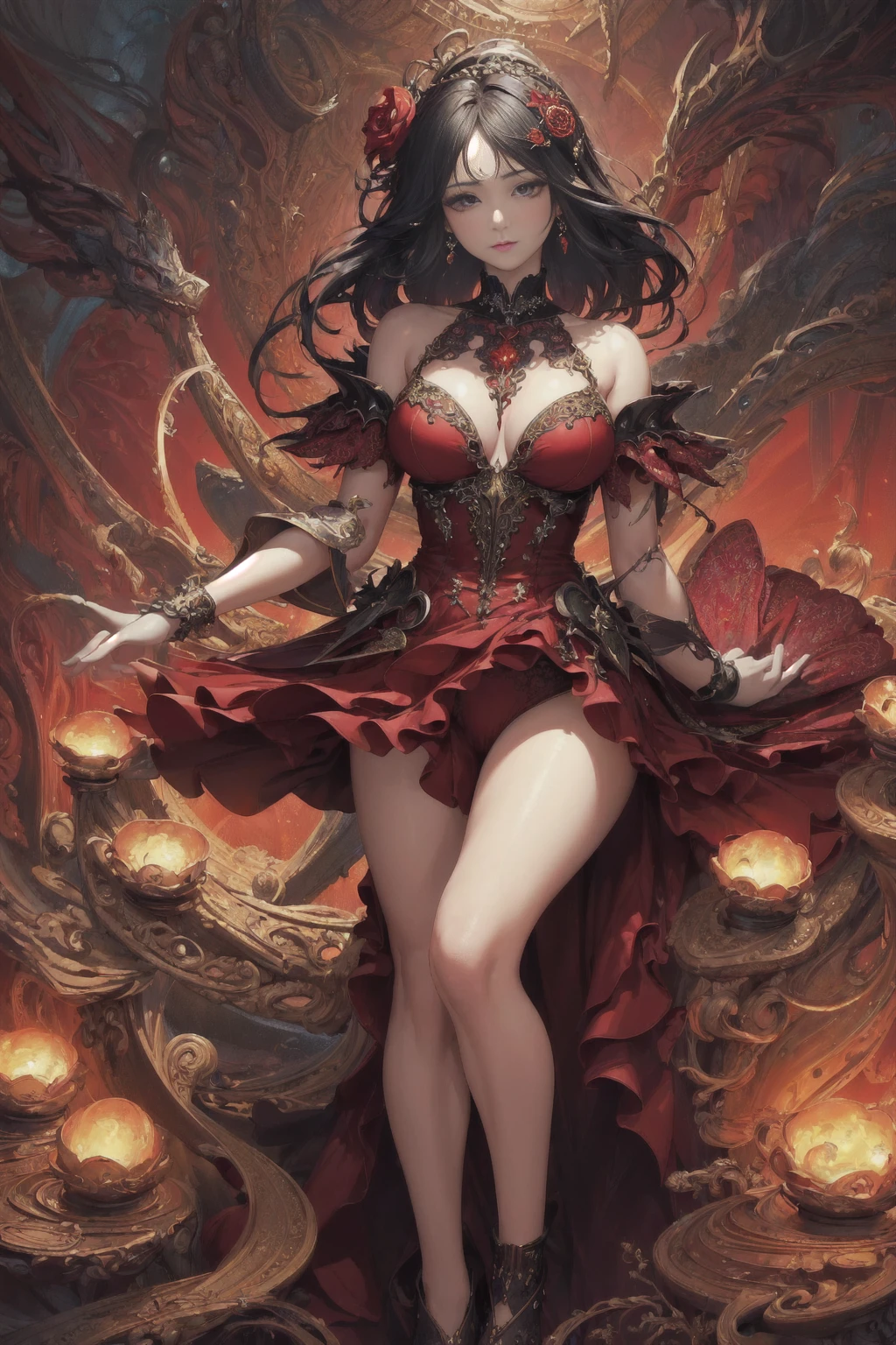 (((masterpiece, top quality, best quality, official art, beautiful and aesthetic:1.2))), (1girl), extreme detailed,(fractal art:1.3),colorful,highest detailed, ((a sorcereress in red dress)),aesthetic breasts, (erotic dress), ((body jewelry))