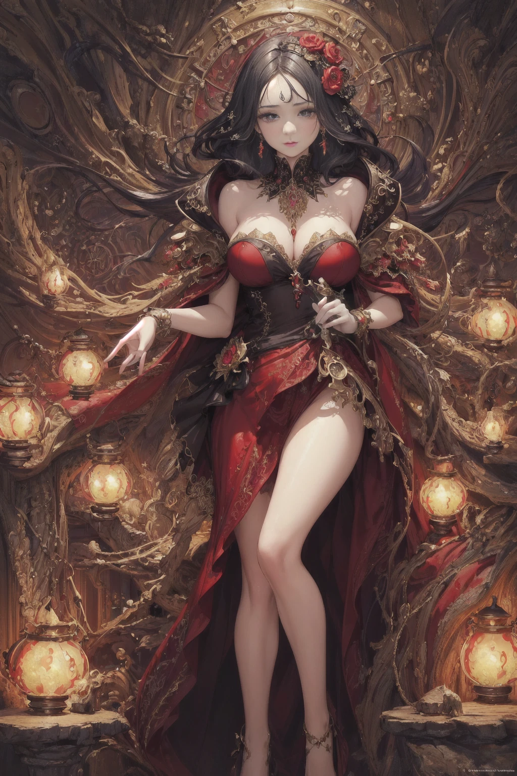 (((masterpiece, top quality, best quality, official art, beautiful and aesthetic:1.2))), (1girl), extreme detailed,(fractal art:1.3),colorful,highest detailed, ((a sorcereress in red dress)),aesthetic , (erotic , ((body jewelry))