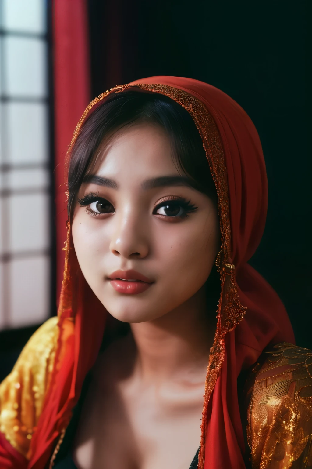 tzuyu, iu, yooa, space, Bellydancer, hijabi, sexy, cleavage, (close-up, editorial photograph of  18 year old javanese hijabi), (highly detailed face:1.4) (smile:0.7) (background inside dark, moody, private study:1.3) POV, by lee jeffries, nikon d850, film stock photograph ,4 kodak portra 400 ,camera f1.6 lens ,rich colors ,hyper realistic ,lifelike texture, dramatic lighting , cinestill 800,
