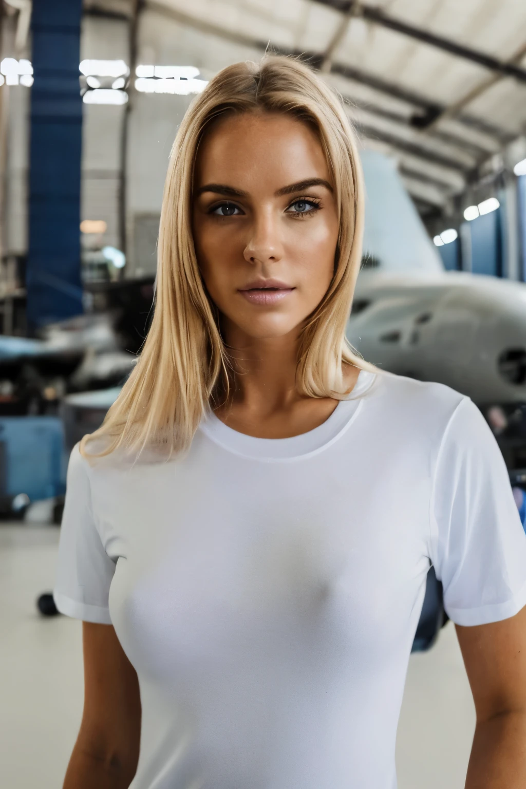 masterpiece, real photo, perfektes face, realistic, masterpiece, foto, studio, blone woman, blonde, young, white t-shirt, posing front of camera, in a hangar, dark light, smooth lighting, t-shirt, normal t-shirt, facing to camera, frontal to camera, matte material, matte fabric