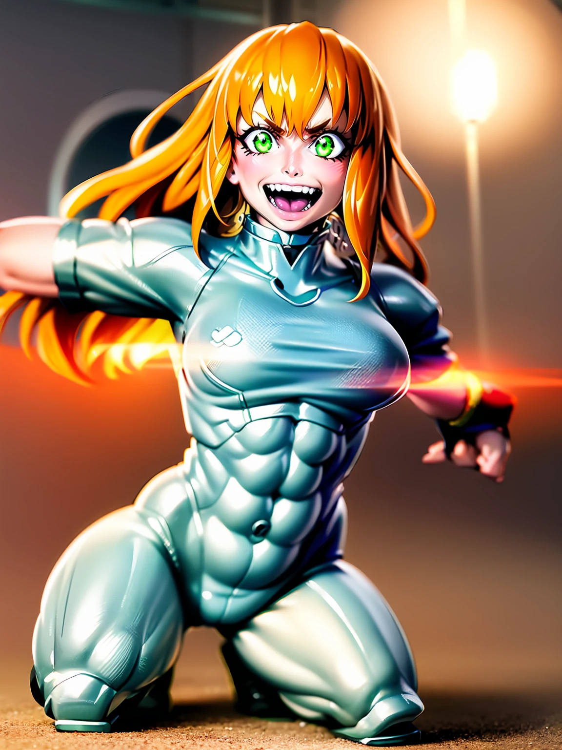 excel, orange hair, smile, fang, open mouth, green eyes,standing, medium breast, pants, pullover, , full body,knight pullover,, fantasy cyberpunk city magic, martial arts, martial pose, entire body, full body, posing, refsheet, full body,, pullover,refsheet, full body