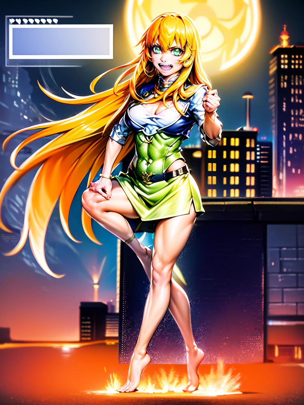 excel, orange hair, smile, fang, open mouth, green eyes,standing, medium breast, pants, pullover, , full body,knight pullover,, fantasy cyberpunk city magic, martial arts, martial pose, entire body, full body, posing, refsheet, full body,, pullover,refsheet, full body