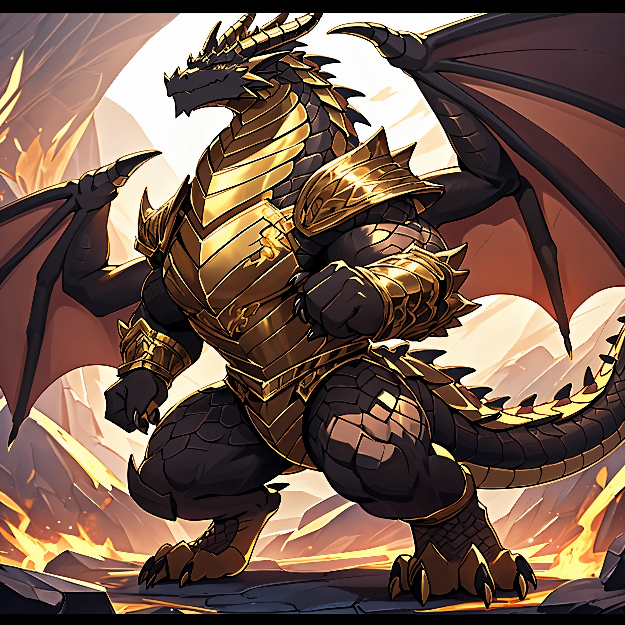 (The violent and powerful Dark Gold Dragon King，Wearing modern black and gold armor，Inlaid with black gold gemstones：200)，Strong build的龙形恶魔，(Broad dragon body，huge chest，majestic wingspan，Sharp and huge dragon claws，Thick iron tail，Sharp dragon scales，The huge dark gold dragon king：2)，Strong build，(Dark gold scales，Mighty dragon-shaped demon：2)，Dragon legs apart，Dragon wings unfold，The dragon's claws open，Excited toothy smile，huge mount，full body picture，Very detailed，4k HD
