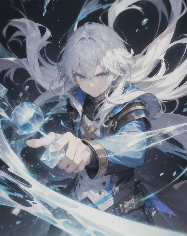 young boy,man,long hair,white hair,blue eyes,Explosive power,spell,ice,fight,Terrible,angry,novel,realistic,4k,charming,very detailed,thin,