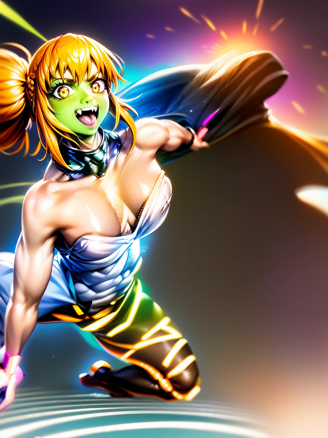 excel, orange hair, smile, fang, open mouth, green eyes,standing, medium breast, pants, pullover, , full body,knight pullover,, fantasy cyberpunk city magic, martial arts, martial pose, entire body, full body, posing, refsheet, full body,, pullover,refsheet, full body, big breast, ponytail