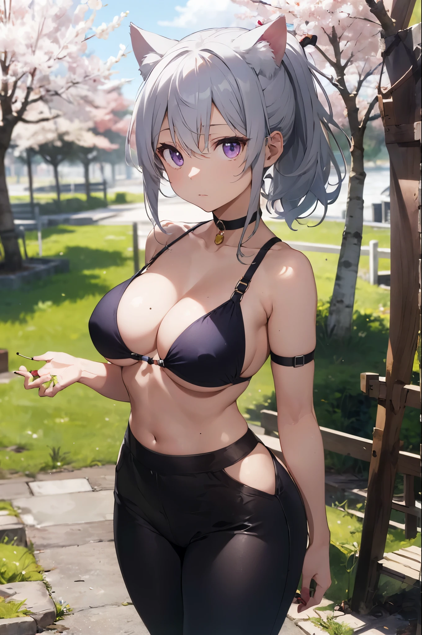video angle, Depth of written boundary, (looking at the viewer), (right foreground: 1), (standing photo: 1),
cat ears girl, (alone),silver hair,(white skin:1), (Curvaceous:1.2), (wide hips:1.1), cat ears girl,
(cherry tree background), (cherry tree background: 1.4), (cherry tree background: 1.4),
(green clothes), (bare shoulders, red micro bikini), (T-back pants: 1.2), sharp nails, Detailed corners, choker, thigh boots,
(ponytail, hair between eyes), (silver hairの), (purple eyes), (big breasts: 1.2),
No expression, stunned, sleepy,
seaweed, seaweed, seaweed, seaweed, seaweed, seaweed, seaweed, seaweed