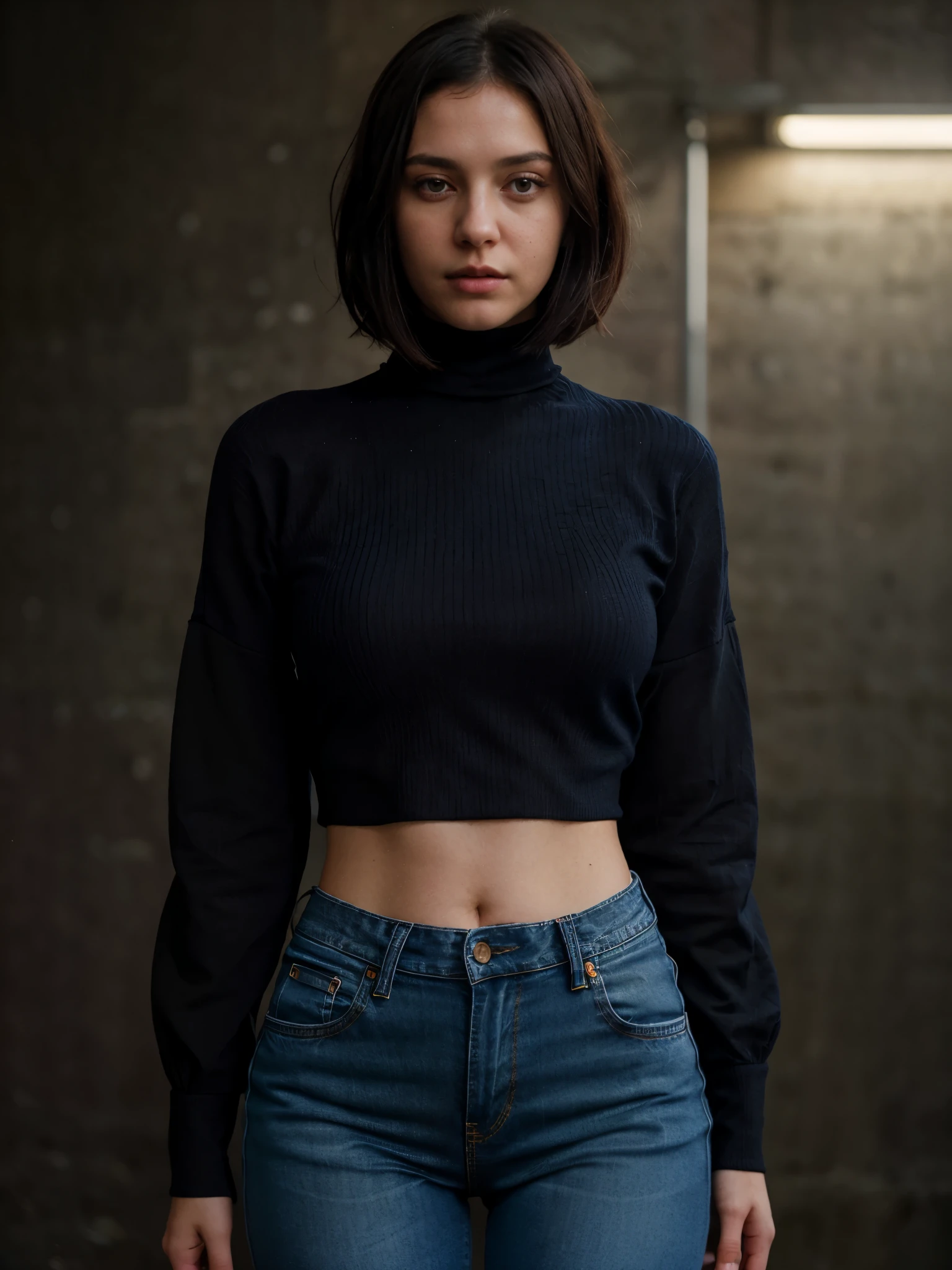 A stunning intricate full color portrait of (sks woman:1), wearing a black slit sleeve turtleneck with cropped in the belly part, cropped turtleneck, wearing blue denim pants, dark plain background, epic character composition, by ilya kuvshinov, alessio albi, nina masic, sharp focus, natural lighting, subsurface scattering, f1.8, 35mm, film grain, black bob hair, black hair, sexy haircut