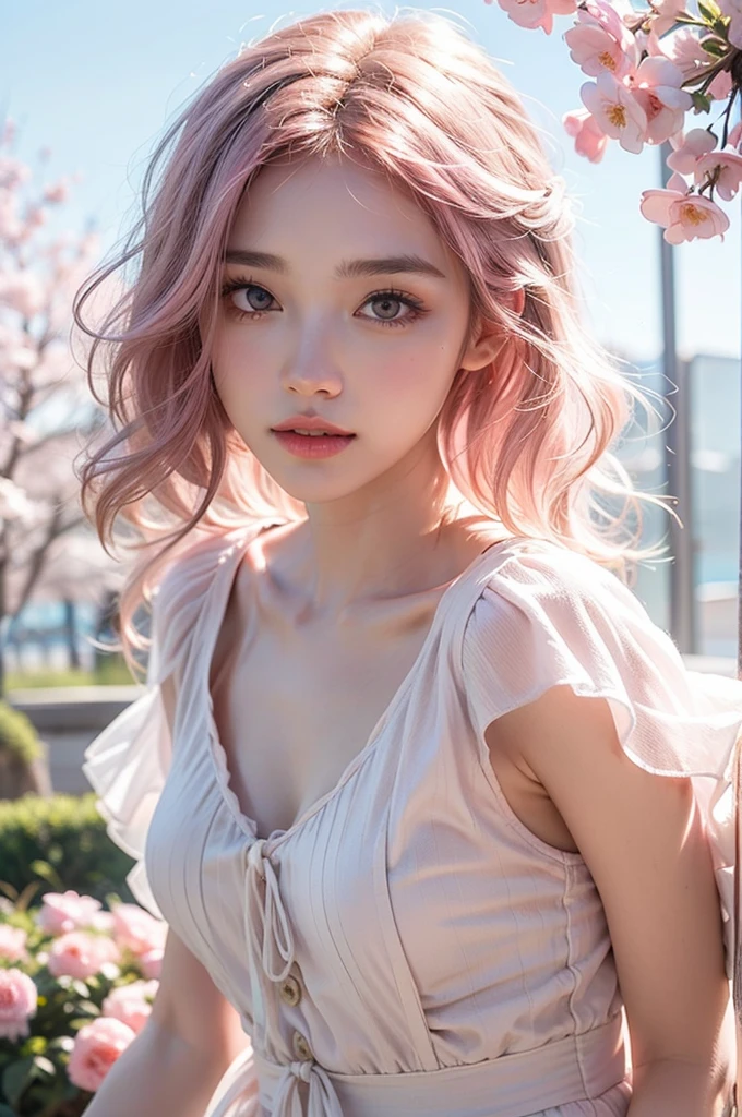 Light pink hair, pink eyes, pink and white, sakura leafs, vivid colors, white dress, paint splash, simple background, ray tracing, wavy hair
