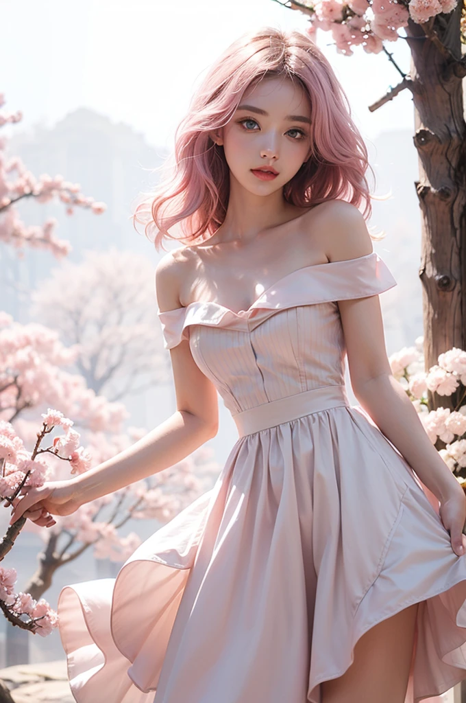 Light pink hair, pink eyes, pink and white, sakura leafs, vivid colors, white dress, paint splash, simple background, ray tracing, wavy hair