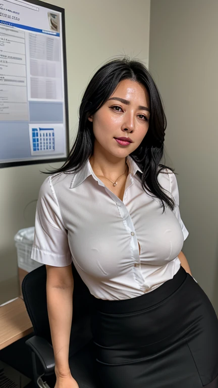  ((photograph))、本物のphotograph、((highest quality)),((High definition 8K )), ((highest quality))、Woman with eyes closed、48 years old、black hair,（(sweaty skin))((sweaty skin)),　big breasts、white blouse、Tight Skirt、inside the office、