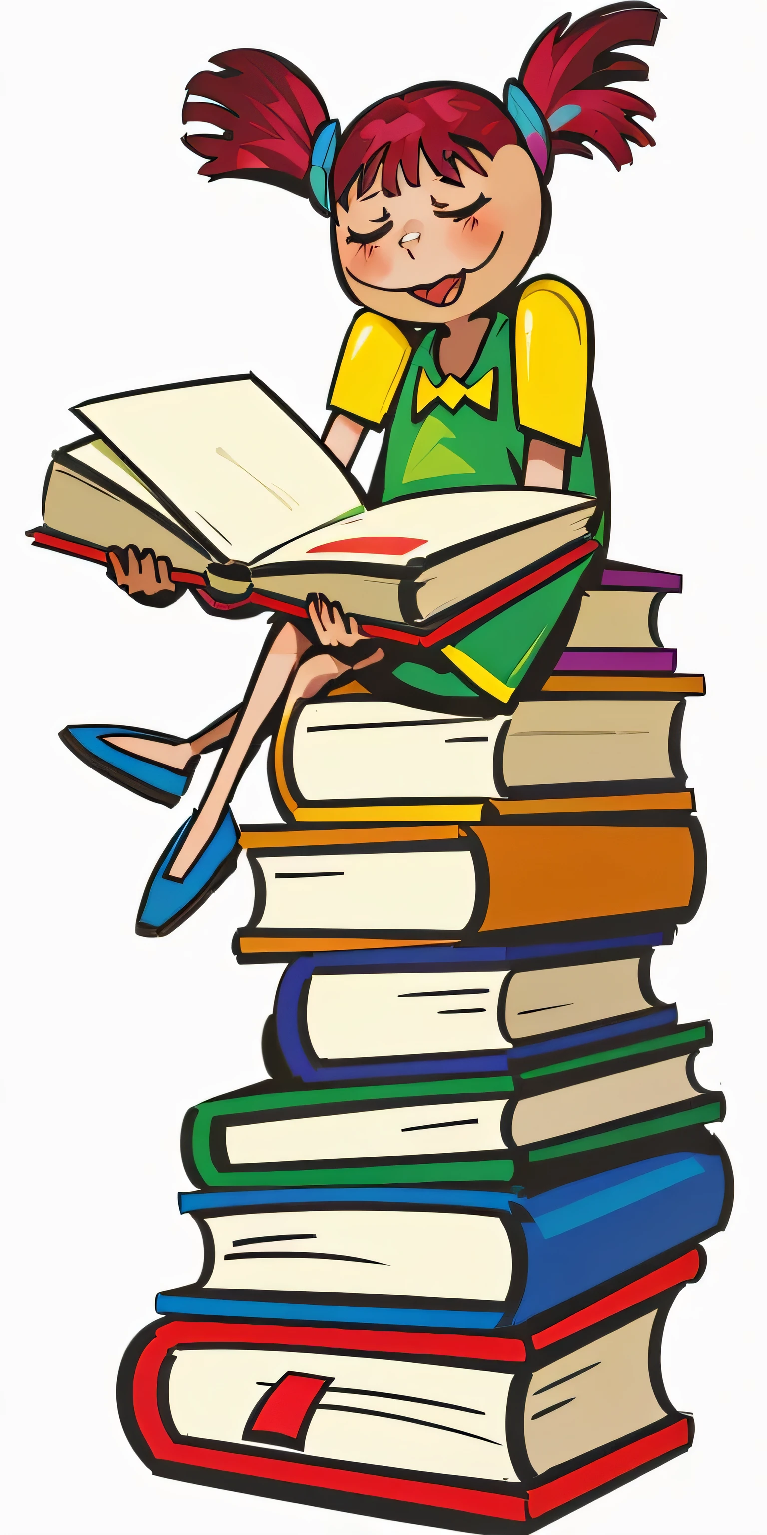 a cartoon girl sitting on a stack of books reading, filled with books, books all over the place, piles of books, holding a stack of books, book illustration, loot of books, stacks of books, lots of books, reading a book, full color illustration, reading, colorful kids book illustration, open books, holding books, textbook illustration in clolour