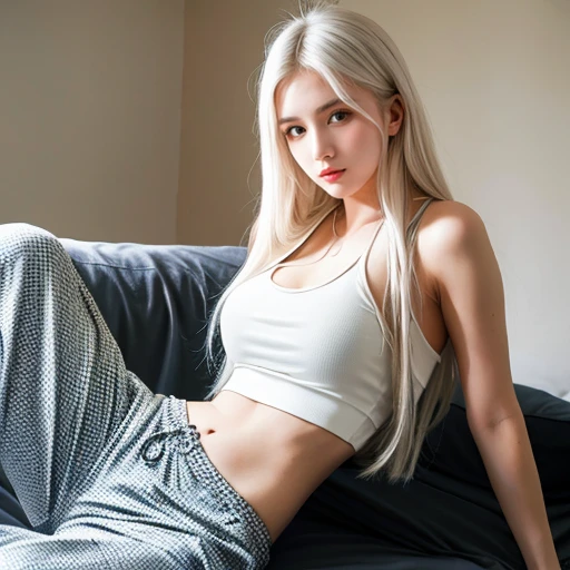 Aria, Platinum white blonde long hair 16 year old model with nice body and big , doing a photoshoot in her luxurious looking apartment, wearing a black crop tank top, and checkered pattern baggy pajama pants.