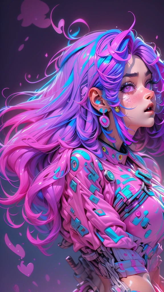 masterpiece, Best quality, High detail, conceptual art, (anime:0.55), (nsfv:0.55), flat torso, slim stomach, Tiny body, short stature, Beautiful face, shiny skin, bright skin, shiny skin, purple eyes, bright colors, Rich colors,(((Liquid hair dye:1.1))), draw clothes, (((bright colors))),shiny skin, purple eyes, bright colors, Rich colors,(((Liquid hair dye:1.1))),(((neon purple hair | Neon pink hair | neon blue hair | neon hair цвета морской волны | purple hair | Fuchsia hair | Fluorescent blue hair | Amethyst hair | neon hair | hot pink hair :1.5))), ((Made of paint and defies gravity, thick, flowing),(splashes of paint:1.3), (shiny hair: 1.3),