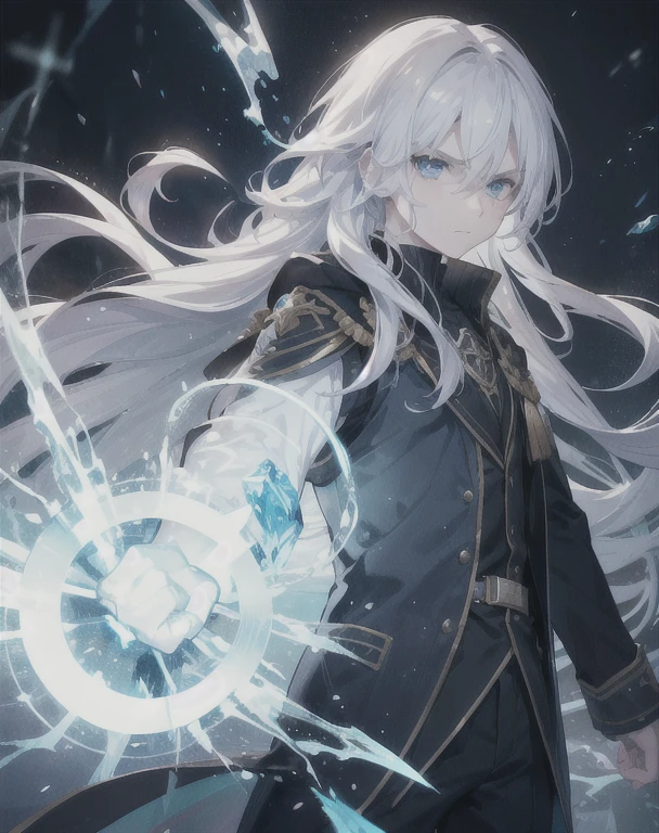 young boy,man,long hair,white hair,blue eyes,spell,ice,fight,Terrible,angry,novel,realistic,4k,charming,very detailed,thin,