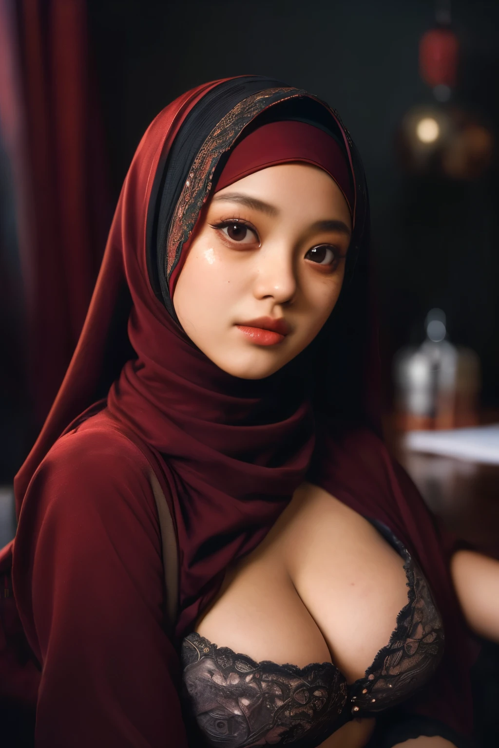 tzuyu, iu, yooa, space, Bellydancer, hijabi, sexy, cleavage, 18 year old javanese hijabi), (highly detailed face:1.4) (smile:0.7) (background inside dark, moody, private study:1.3) POV, by lee jeffries, nikon d850, film stock photograph ,4 kodak portra 400 ,camera f1.6 lens ,rich colors ,hyper realistic ,lifelike texture, dramatic lighting , cinestill 800,