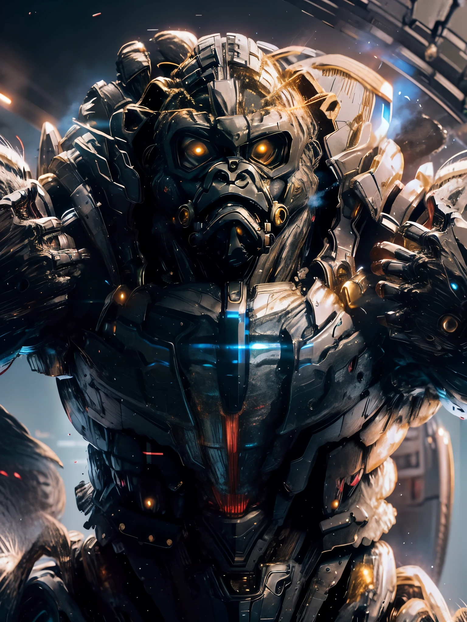 Cyborg Gorilla、hyper quality、8K,Wearing cyber armor over a tight black leather suit、muscular、(acrobatic action:1.5)、Live gorilla parts、(Gorilla face design gas mask:1.3)