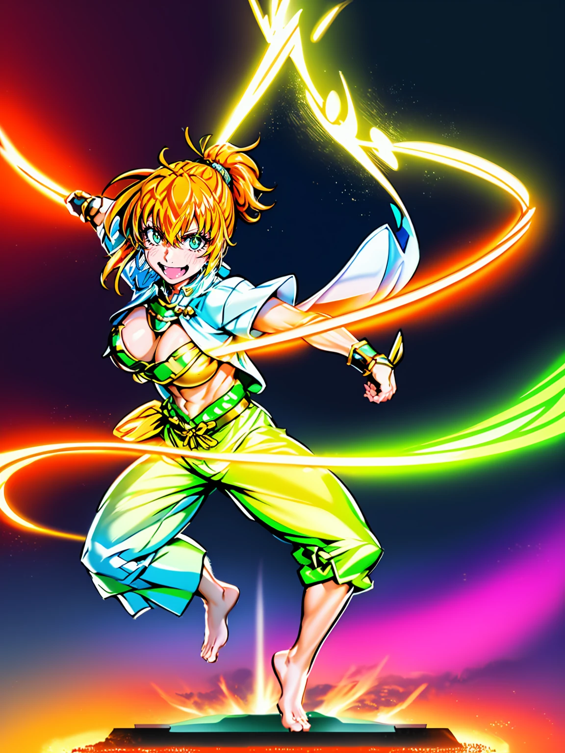 excel, orange hair, smile, fang, open mouth, green eyes,standing, medium breast, pants, pullover, , full body,knight pullover,, fantasy cyberpunk city magic, martial arts, martial pose, entire body, full body, posing, refsheet, full body,, pullover,refsheet, full body, big breast, ponytail