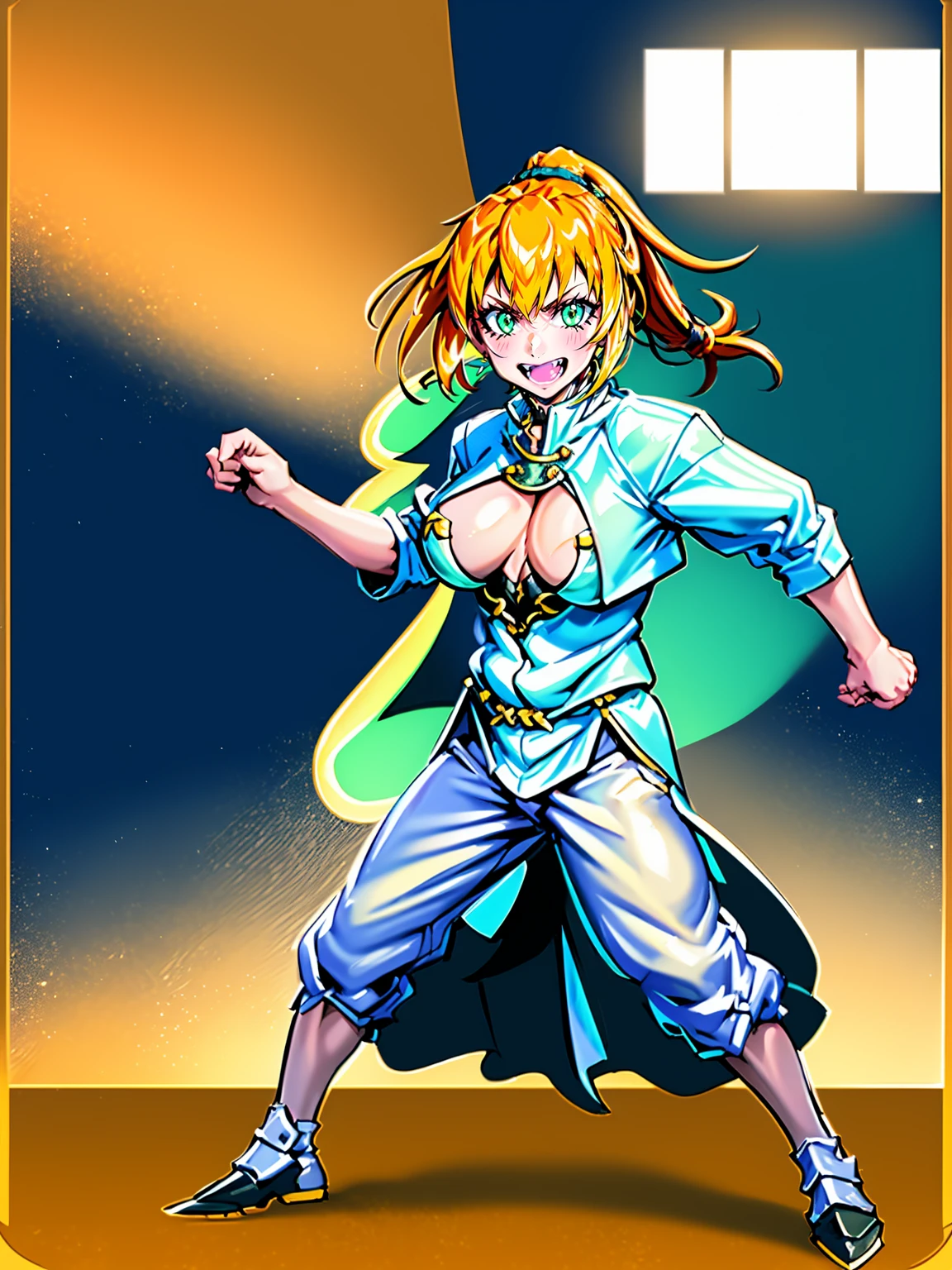 excel, orange hair, smile, fang, open mouth, green eyes,standing, medium breast, pants, pullover, , full body,knight pullover,, fantasy cyberpunk city magic, martial arts, martial pose, entire body, full body, posing, refsheet, full body,, pullover,refsheet, full body, big breast, ponytail