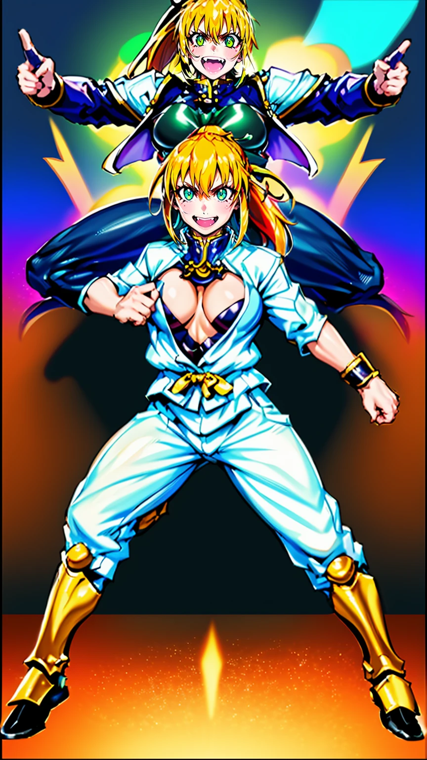 excel, orange hair, smile, fang, open mouth, green eyes,standing, medium breast, pants, pullover, , full body,knight pullover,, fantasy cyberpunk city magic, martial arts, martial pose, entire body, full body, posing, refsheet, full body,, pullover,refsheet, full body, big breast, ponytail