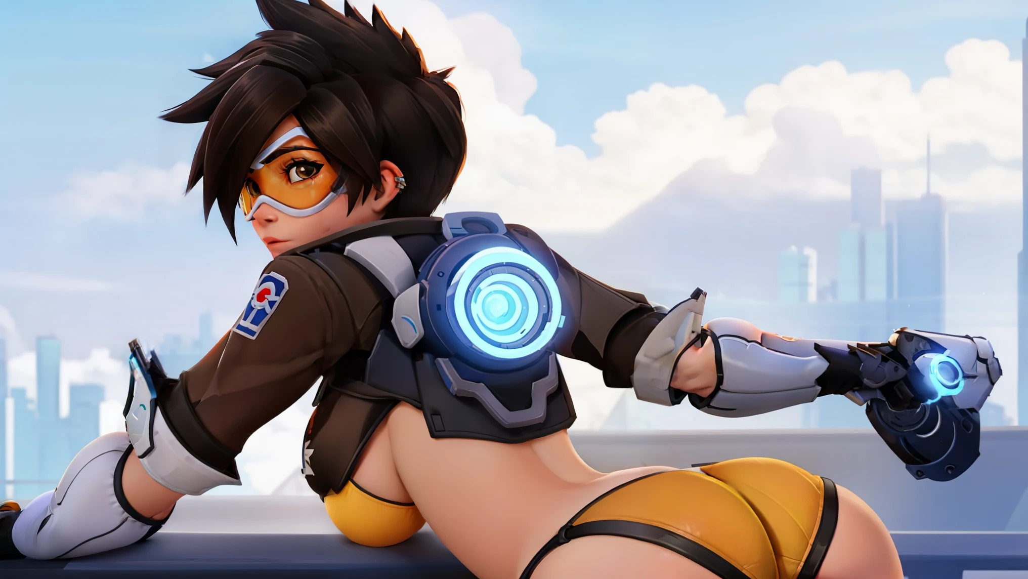 Tracer from Overwatch is wearing micro_bikini. sexy. bending over. back view. looking at viewer. nsfw. slut. thicc_ass, slutty running_shorts, bikini