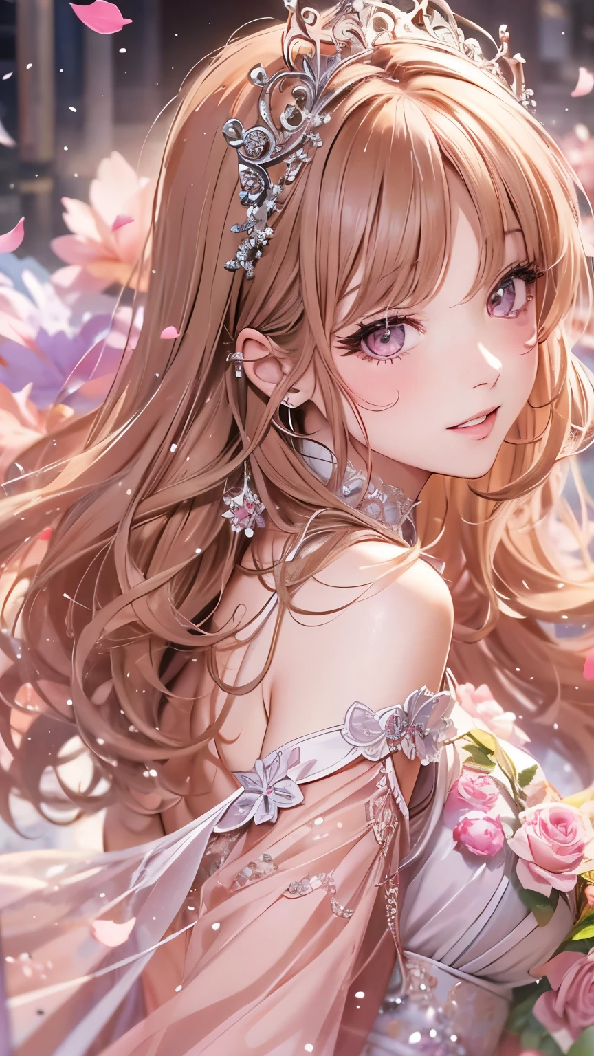 masterpiece、highest quality、High resolution、high quality images、8K, 1 female、skin luster、Texture of skin and clothing、Expression of fine eyes、Shiny latte colored hair,long hair girl, Manga inspired by Lee Jong-suk, trending on deviantart, realism, detailed manga style, manga art style, perfect line drawing, beautiful line drawing, digital manga art girl, K-POPアイドル, dress, beautiful pink eyes, plump lips, detailed gorgeous face, (cute smile), charm, innocent, Side view, (perfectly detailed face), (fine hands) photorealistic images, Depth of written boundary, half up hairstyle, tiara, 白いウエディングdress,at the wedding,association, evening,lots of roses,