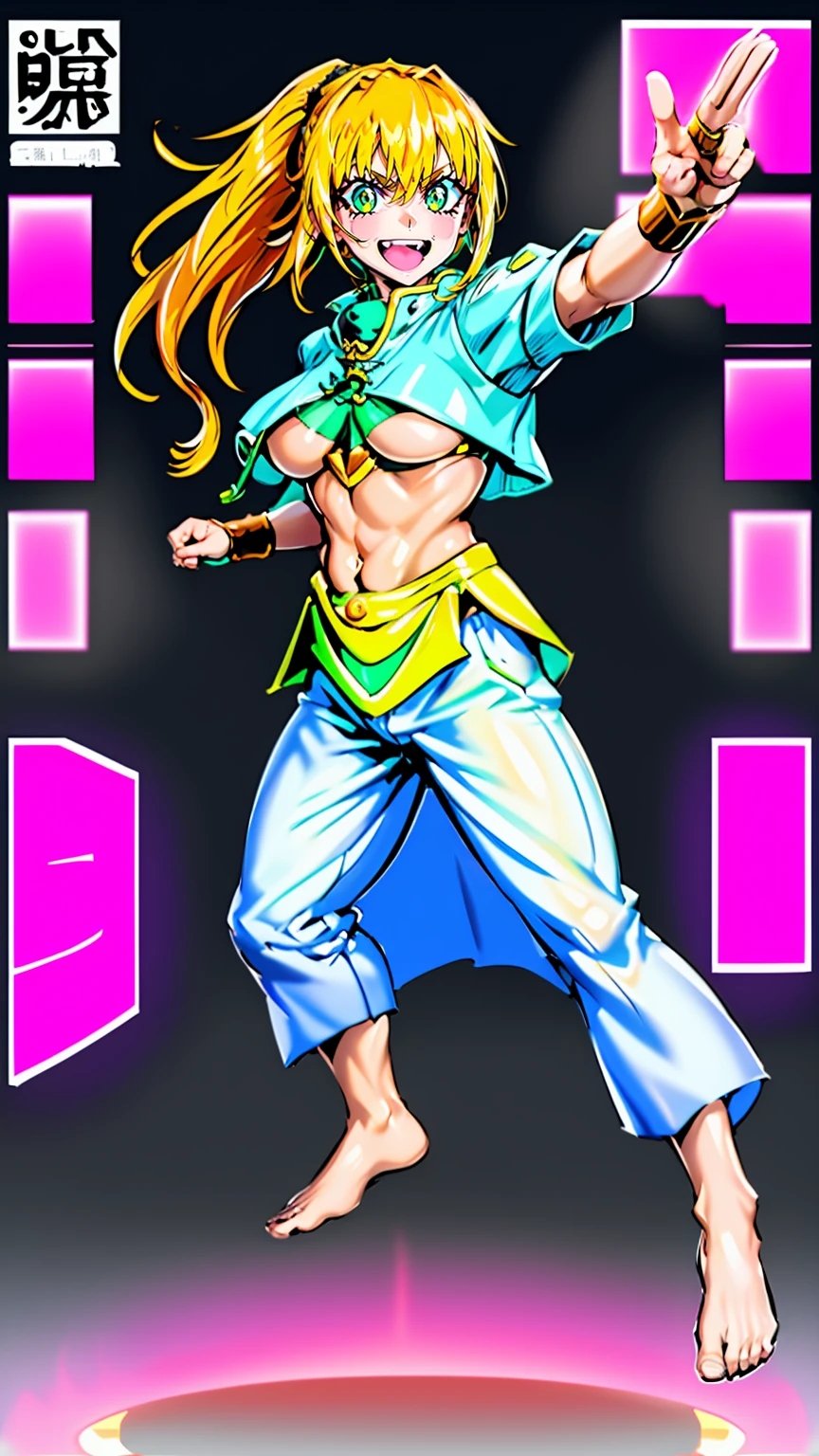 excel, orange hair, smile, fang, open mouth, green eyes,standing, medium breast, pants, pullover, , full body,knight pullover,, fantasy cyberpunk city magic, martial arts, martial pose, entire body, full body, posing, refsheet, full body,, pullover,refsheet, full body, big breast, ponytail, long hair