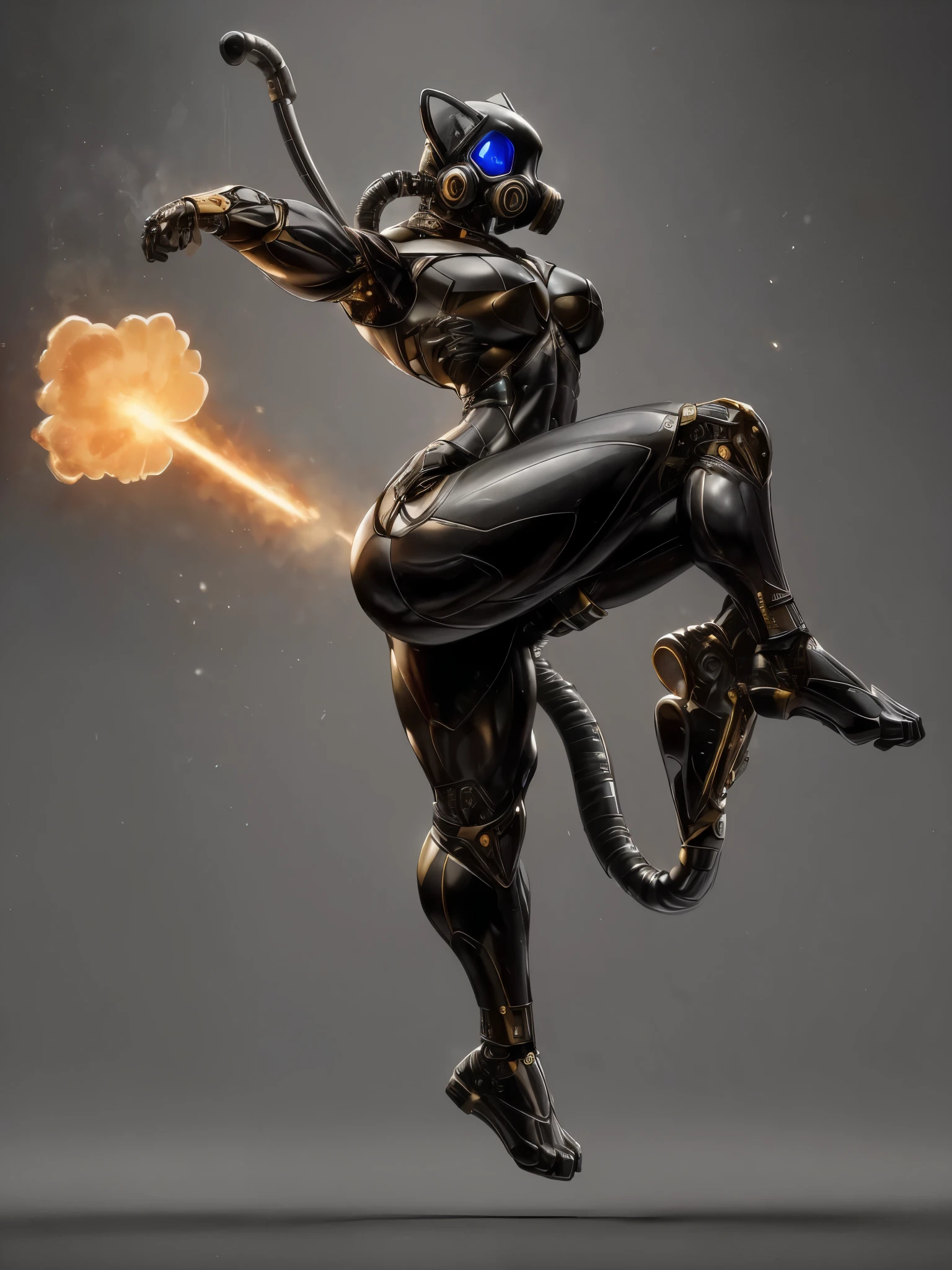1 Cyborg Lady、hyper quality、8K,Wearing cyber armor over a tight black leather suit、Glamorous and voluptuous body、(acrobatic action:1.5)、(Exposed chest and waist:1.3)、(goddess design gas mask:1.3)